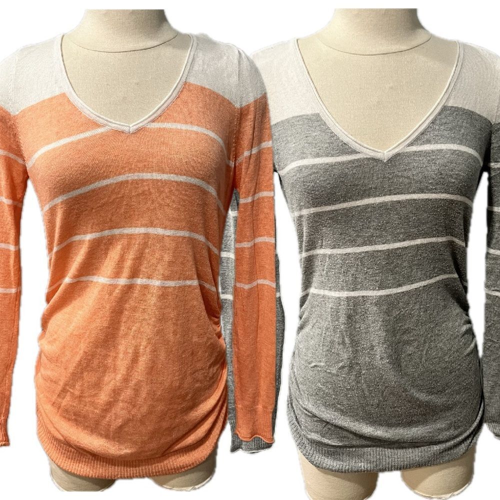 A Pea in the Pod Maternity Set of 2 Striped V-Neck Lightweight Sweaters Small